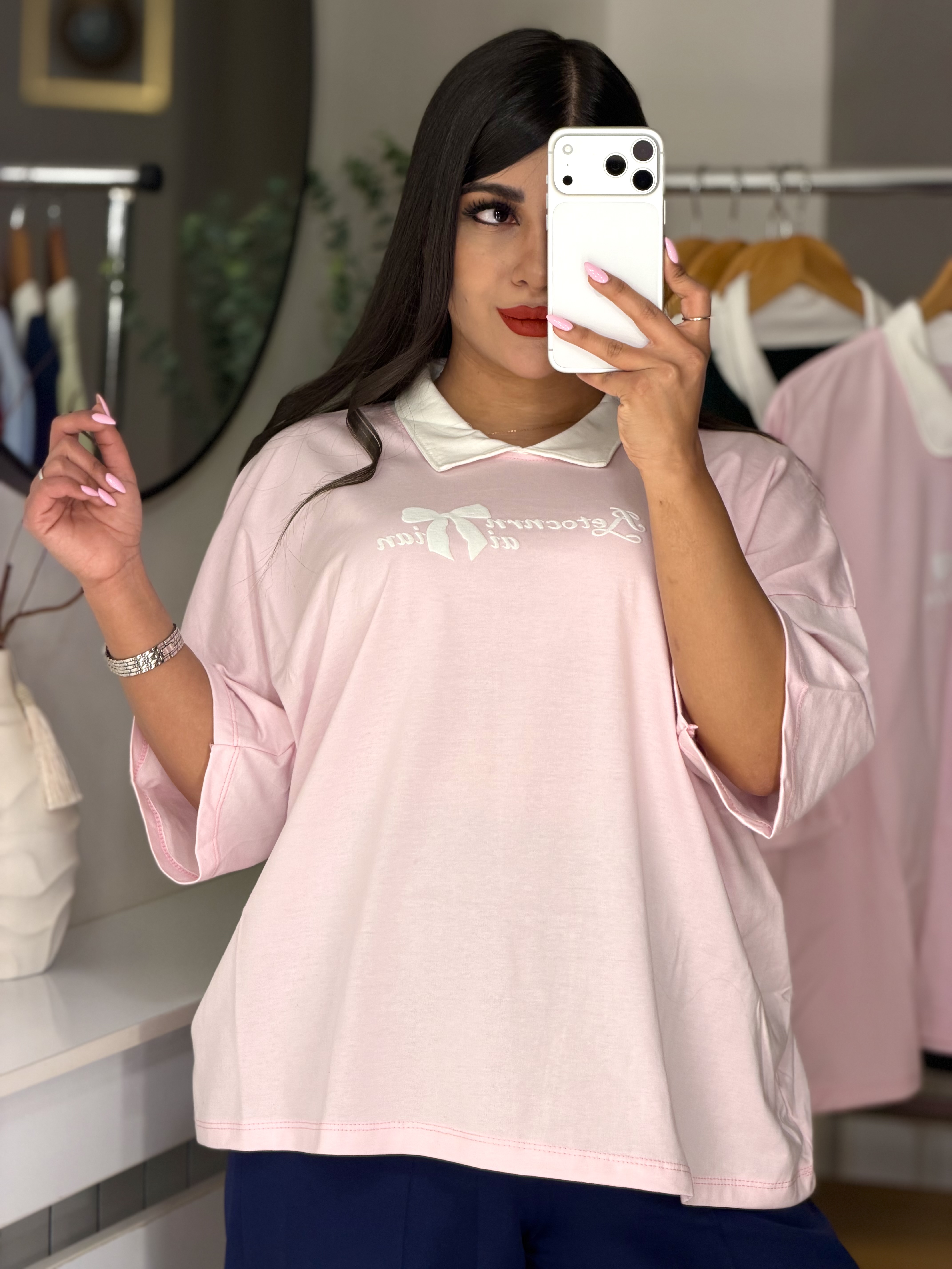 تیشرت باکسی یقه سفید🎀(پاپییون)🎀